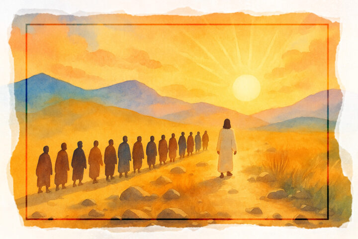 A woman in white leads a line of monks across a desert path at sunrise.