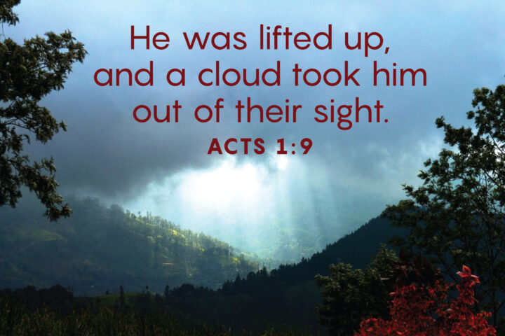 “He was lifted up, and a cloud took him out of their sight.” Acts 1:9, shown over a mountain landscape with blue sky and trees framing the scene