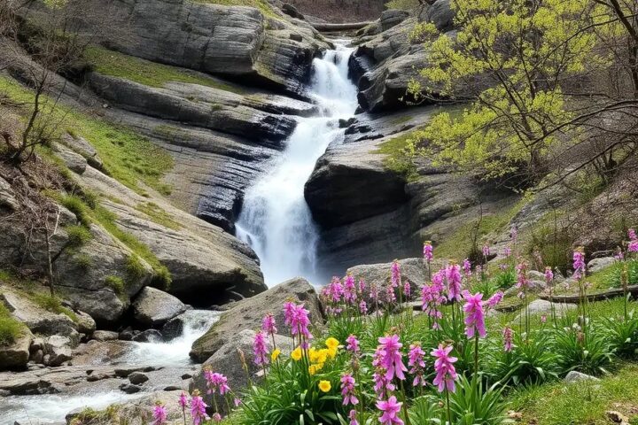 Waterfall cascades between layered gray rocks with a foreground bed of pink and yellow flowers and green foliage.