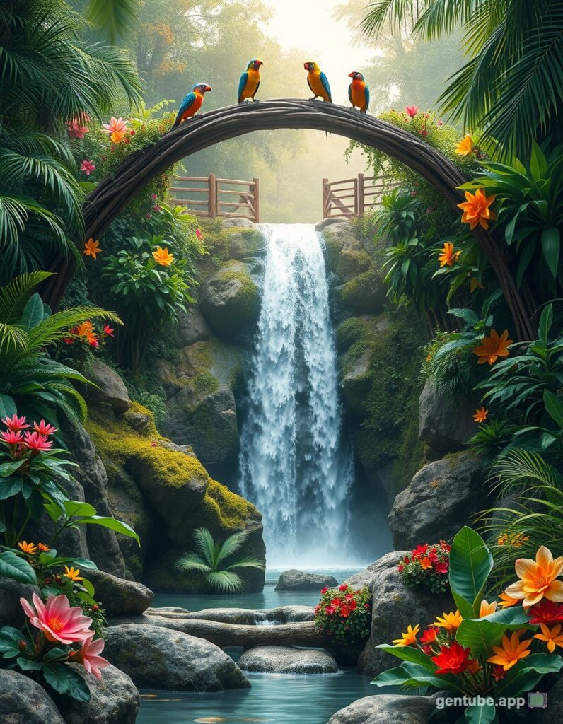 Tropical garden with a waterfall framed by a wooden arch, parrots perched on top, and bright flowers along mossy rocks and a peaceful pool.