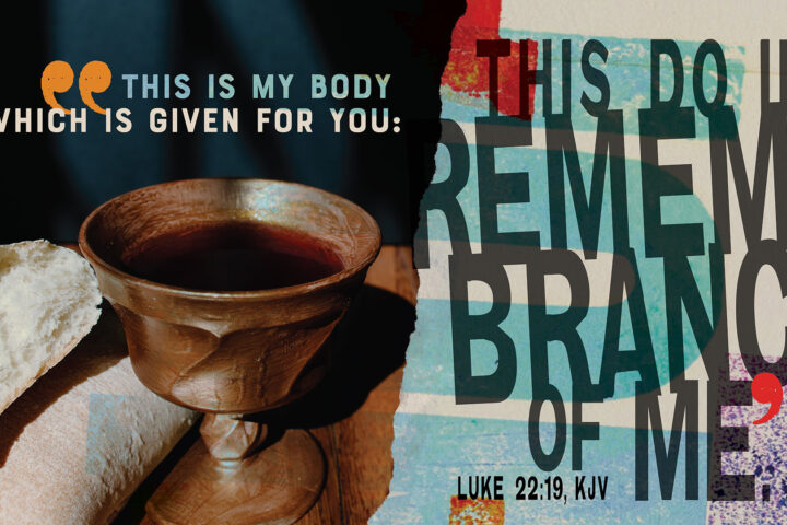 Religious collage for communion: bread and cup on the left, bold 'REMEMBRANCE' text across the right side.