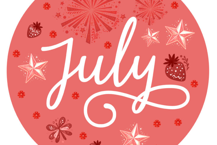 Red circular celebration graphic with fireworks, stars, strawberries and small floral motifs surrounding white script text (likely 'July').