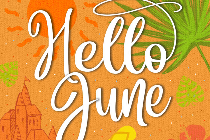 Decorative tropical banner with an orange sun, green palm leaves, and large white cursive text reading 'Hello'.