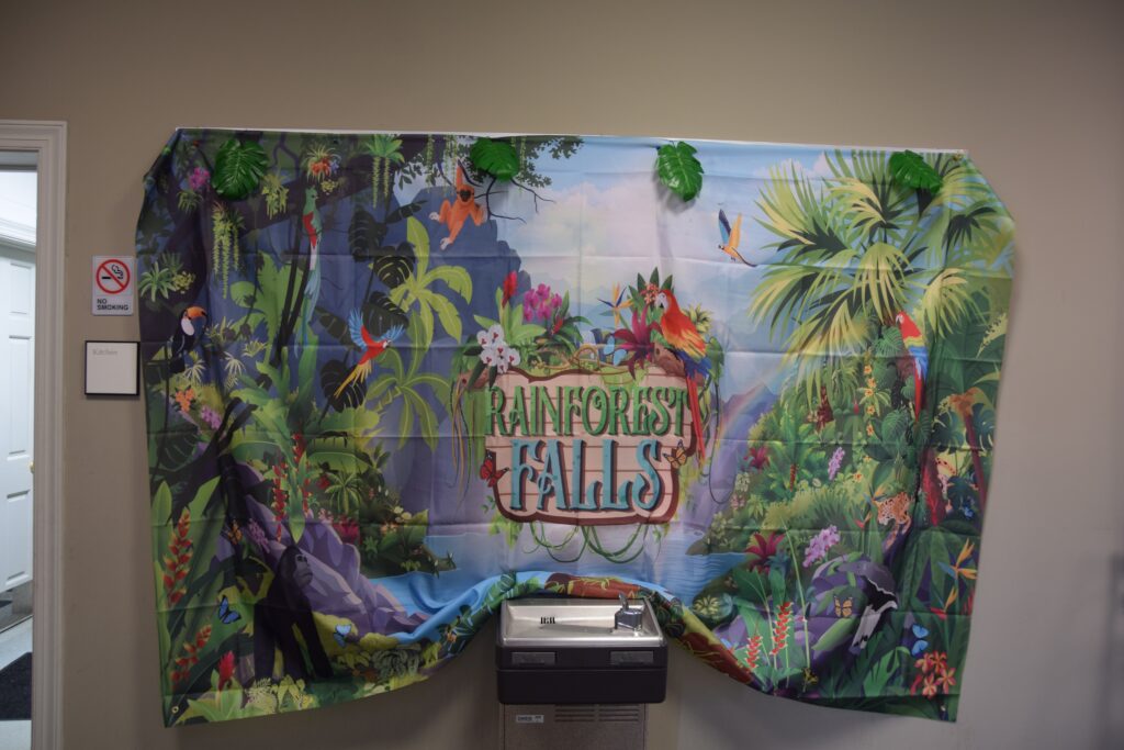 Colorful rainforest-themed banner hanging on a beige wall with tropical plants and birds.