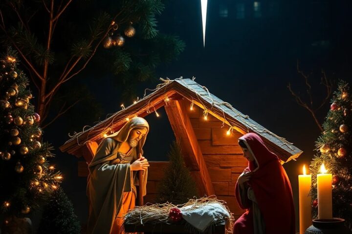 Nativity scene with a wooden stable, a glowing star overhead, and figures kneeling beside a manger under warm fairy lights.