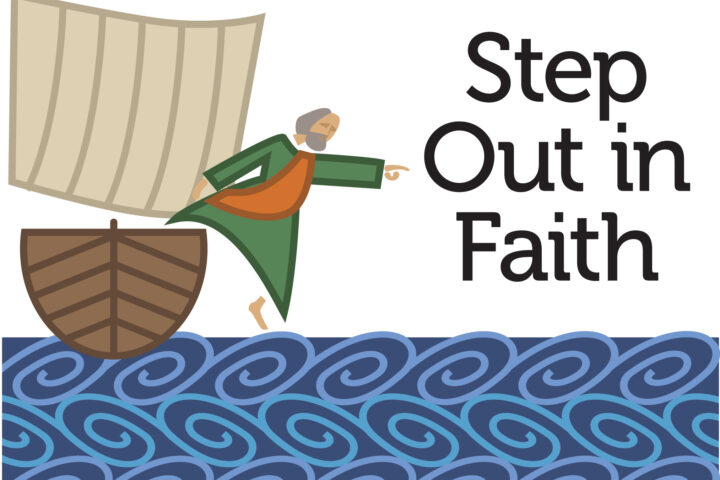 Man stepping out of a boat toward stylized waves with 'Step Out in Faith' text on the right.